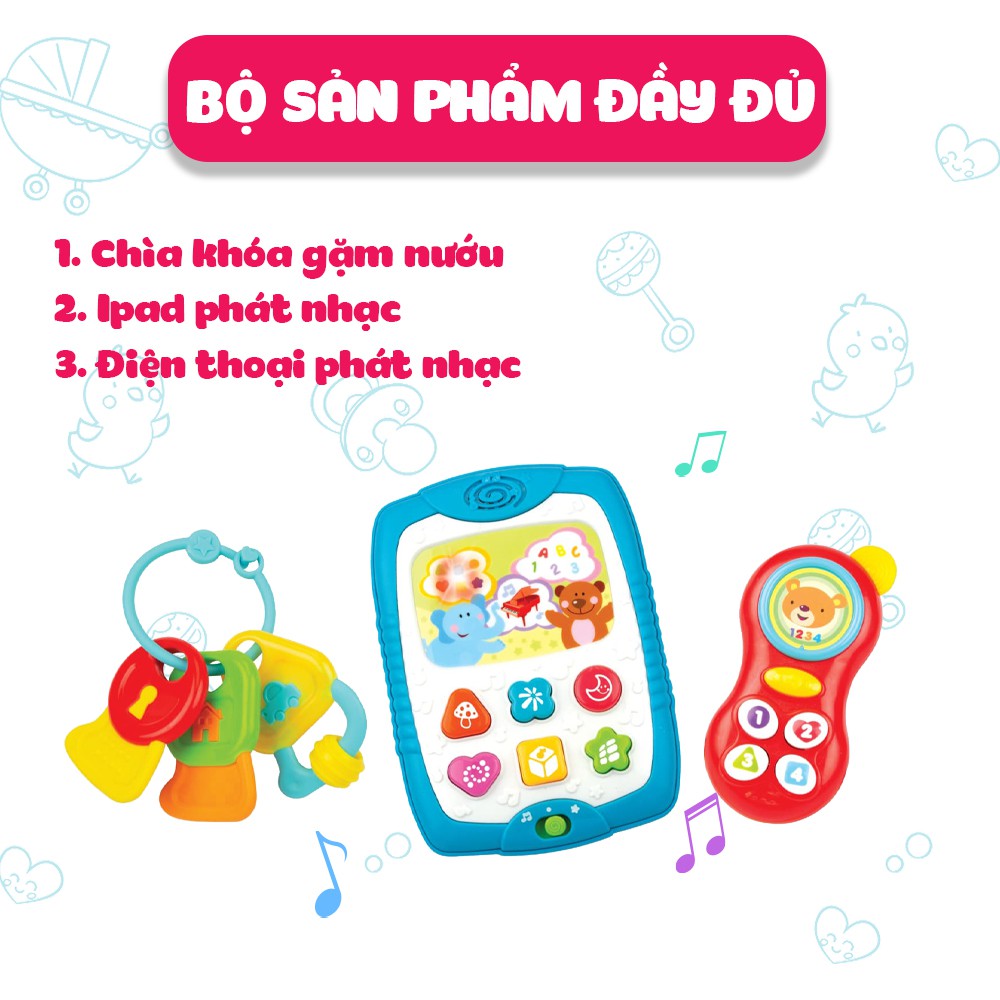 Set 3 món đồ chơi công nghệ điện thoại, Ipad kèm chìa khóa gặm nướu Winfun 3024/3025