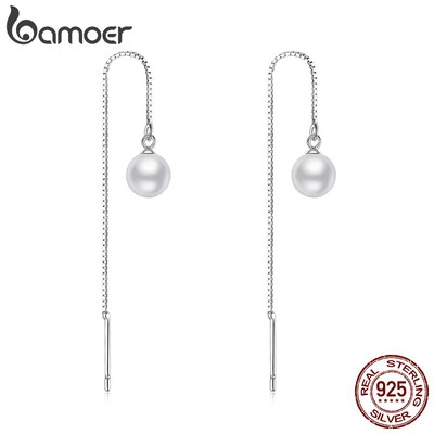 Cặp khuyên tai Bamoer SCE878-B bằng bạc 925 kiểu dài đính ngọc trai không gây dị ứng phong cách thanh lịch cho nữ