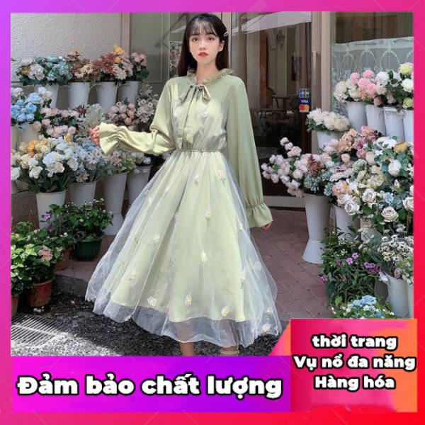 Đầm Tay Dài Phối Lưới Thêu Họa Tiết Trái Tim/Ngựa Vằn Phong Cách Mới