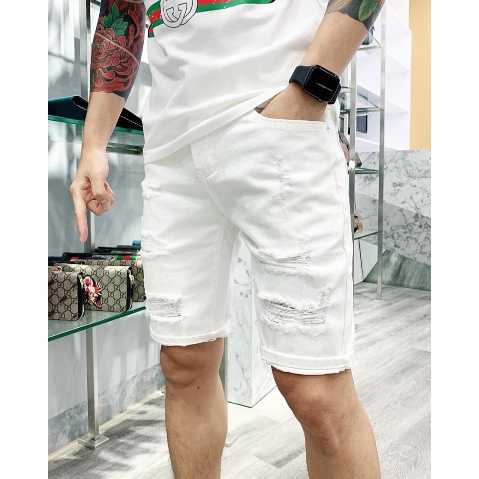 Quần short jean nam đen rách thêu rắn chất bò vải dày cao cấp AHFASHION