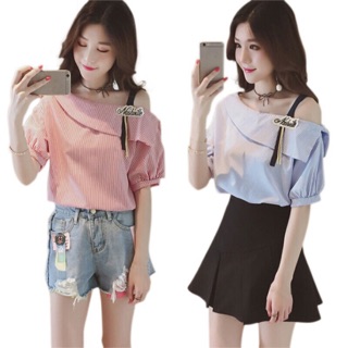 Áo sơ mi kiểu trễ vai kẻ sọc siêu xinh size 45-75kg (hàng y hình)