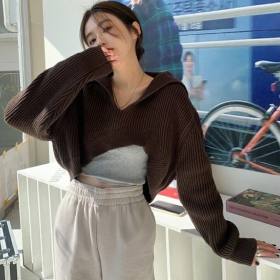 Áo ZHELIHANGFEI dệt kim tay dài cổ polo dáng ngắn thiết kế lệch tà phong cách cá tính dành cho nữ