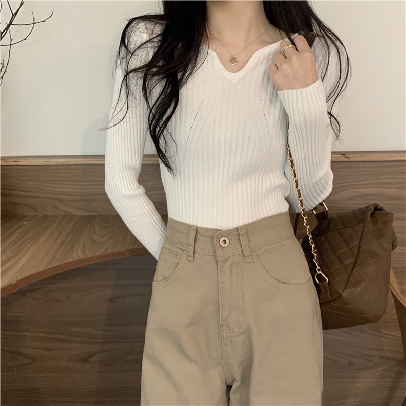 Áo Dệt Kim Ngắn Cổ Chữ V Tay Dài Dáng Ôm Dễ Phối Đồ 54738