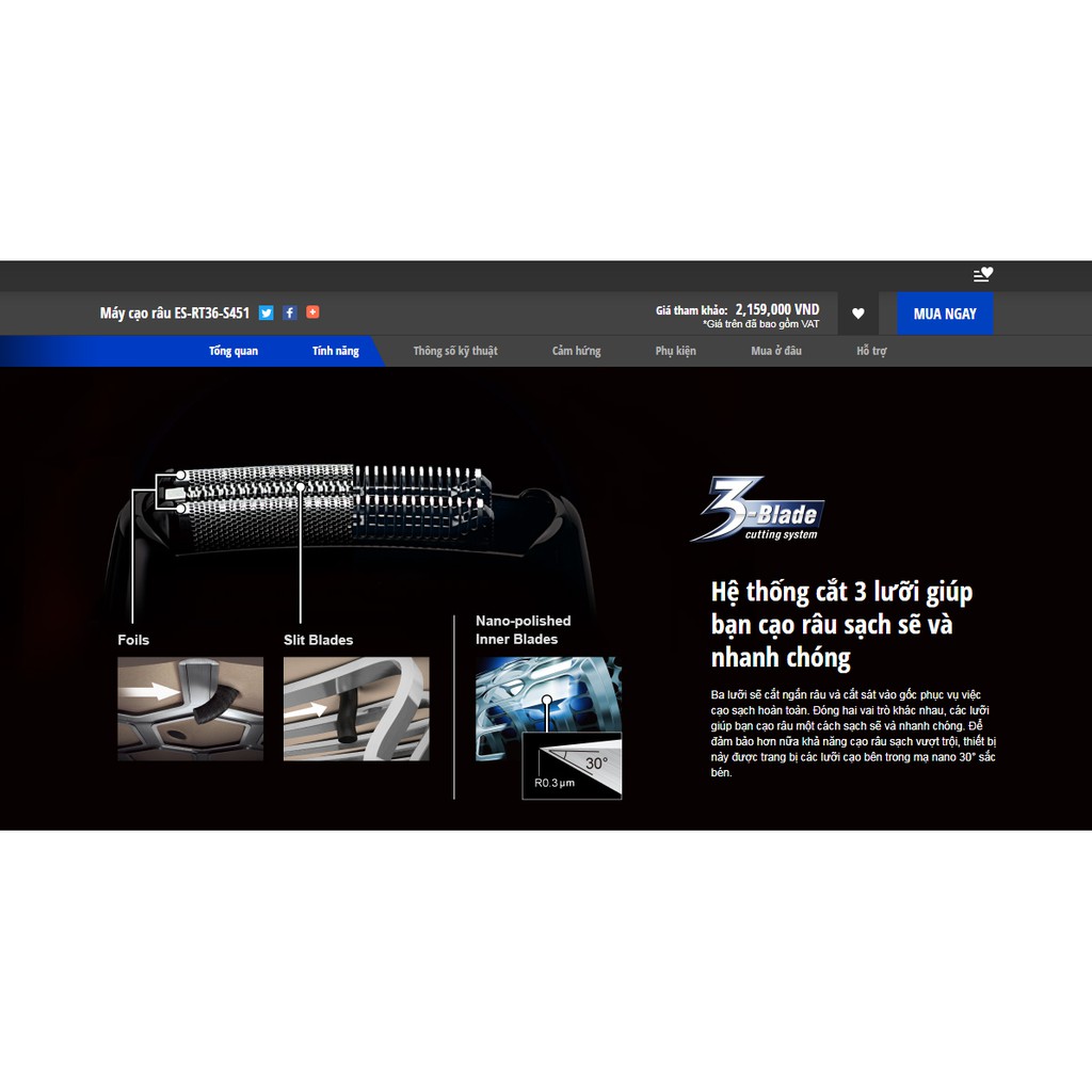 Máy cạo râu Panasonic ES-RT36-S451 hệ thống cắt 3 lưỡi, đèn báo LED 3 giai đoạn, có thể rửa