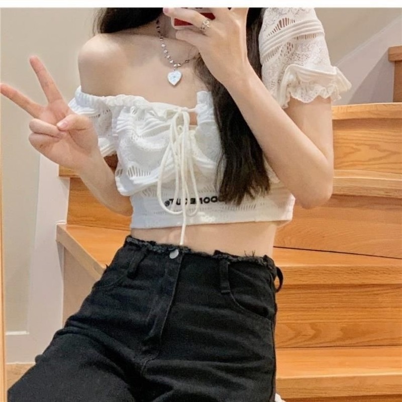 Đầm Ngắn Tay Phồng Cổ Vuông Eo Cao Phối Ren Thời Trang Mùa Hè Cho Nữ