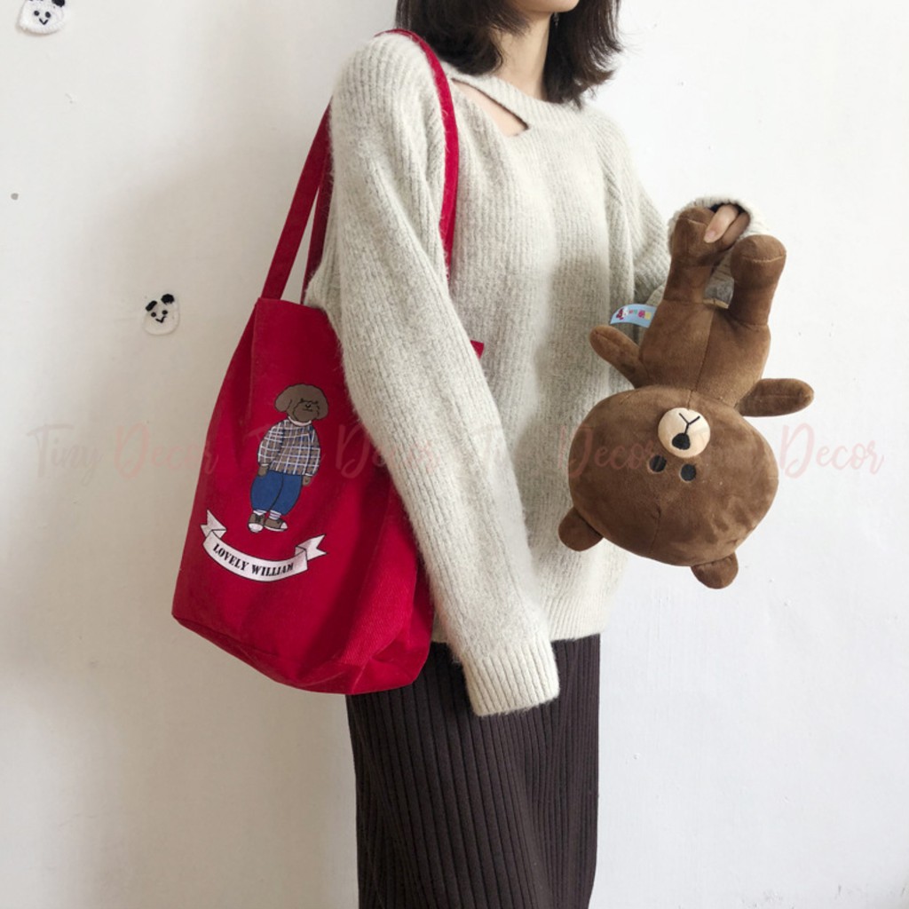 Túi đeo vai phong cách hàn quốc, Túi tote vải nhung, Gấu Teddy