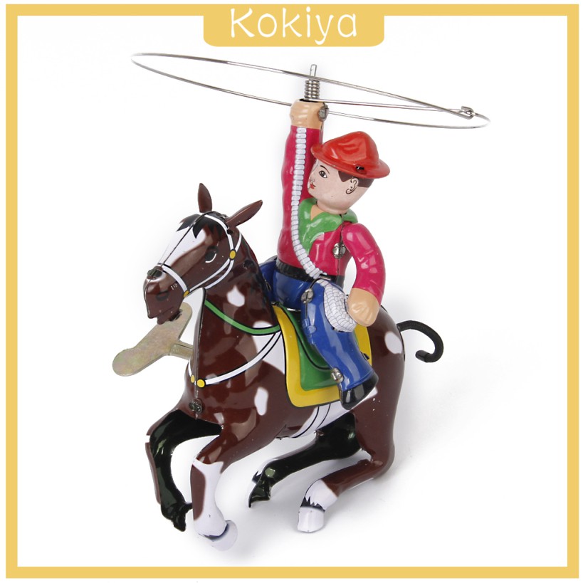 [KOKIYA] Vintage Wind Up Clockwork Tin Toy Cowboy on Horse w/ Whip Lasso Collectible Gift