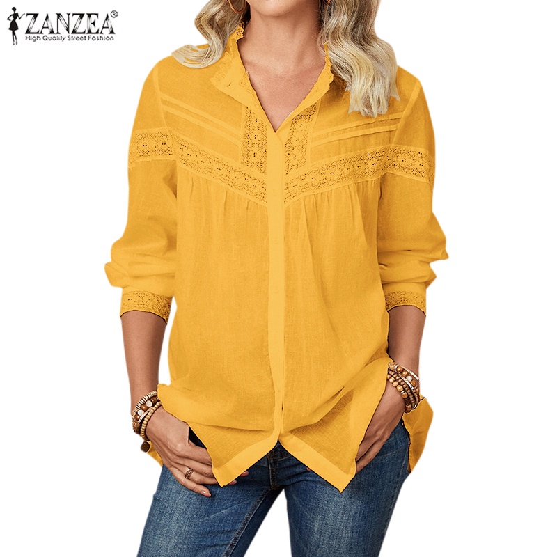 Áo sơ mi ZANZEA dài tay cổ bẻ phối ren phong cách Châu Âu thời trang cho nữ