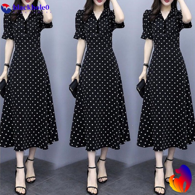 BH Summer Slim V-neck A-line Dress Simple Dot Flare Sleeves Middle Long Causal Dress