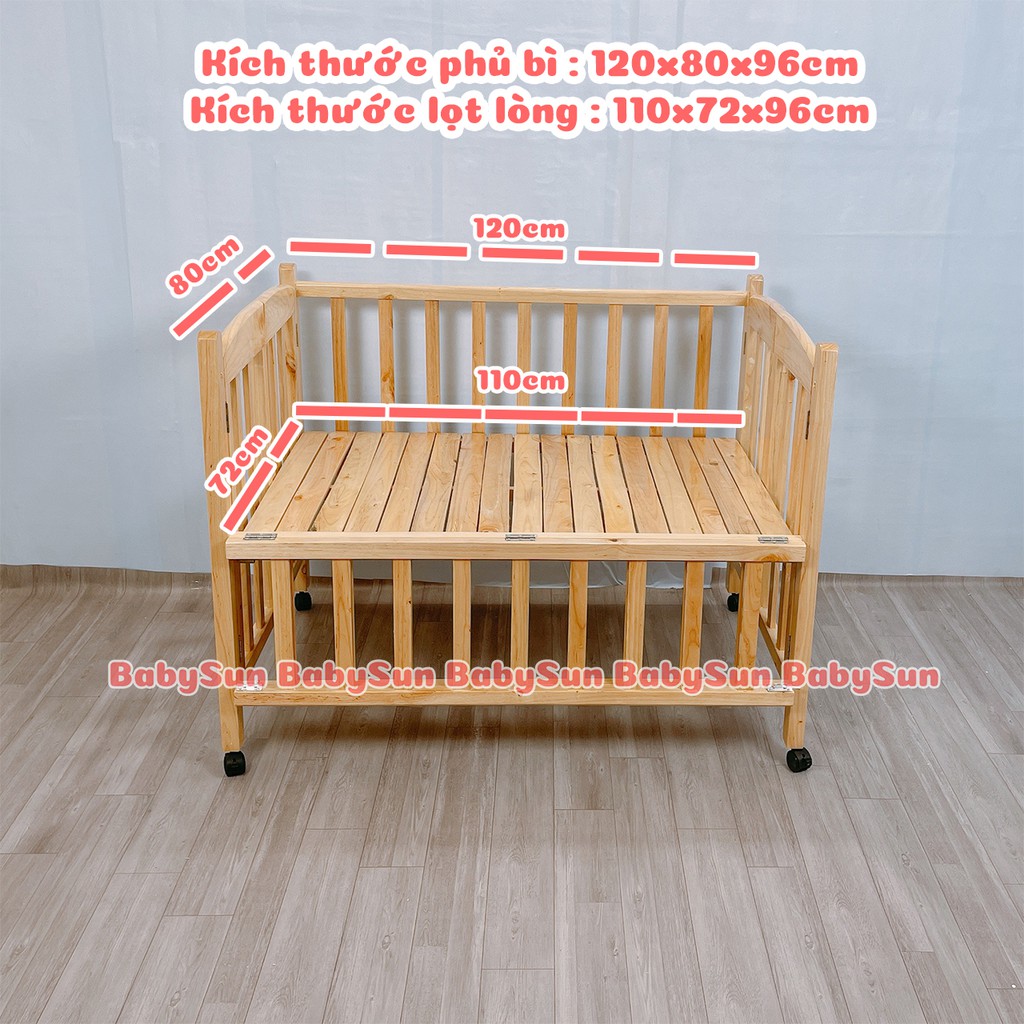 Cũi Trẻ Em BabySun Chất Liệu Gỗ Quế Xuất Khẩu Kích Thước 120x80x96cm Màu Tự Nhiên Hàng Xuất Khẩu Bảo Hành 24 Tháng