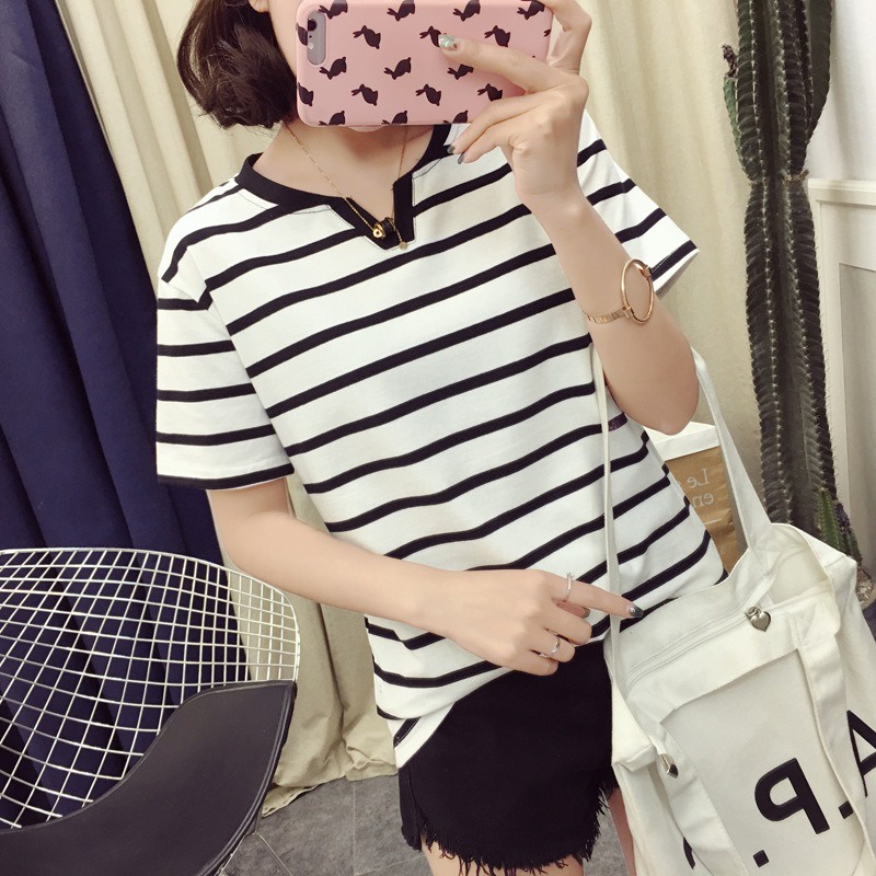 Áo Thun Nữ Ngắn Tay Kẻ Sọc Cổ Chữ V Hàng Quảng Châu Style Basic Nhẹ Nhàng