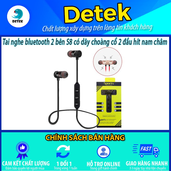 Tai nghe bluetooth 2 bên S8 có dây choàng cổ 2 đầu hít nam châm