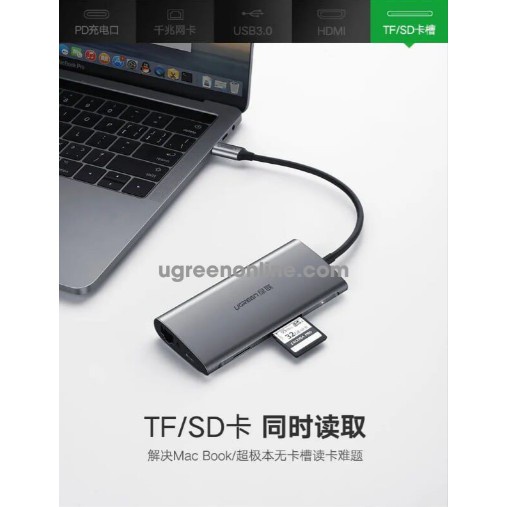 [Mã 155ELSALE giảm 7% đơn 300K] Hub USB type-C sang HDMI/Ethernet/Hub USB 3.0/Card SD/TF Ugreen 50516 Chính hãng