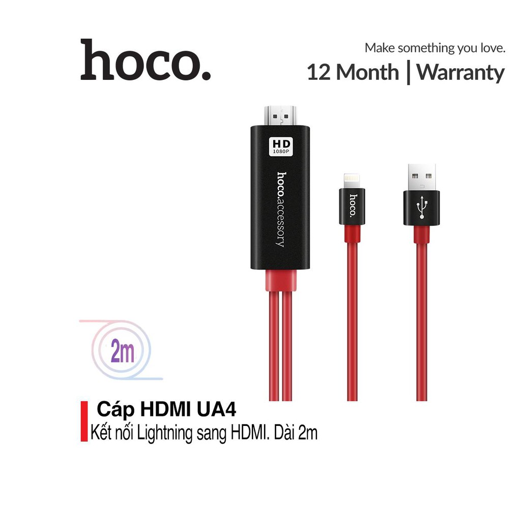 Cáp Lightning HDMI Hoco UA4 dài 2m hỗ trợ đầu ra video của các thiết bị Apple với đầu nối Lightning.
