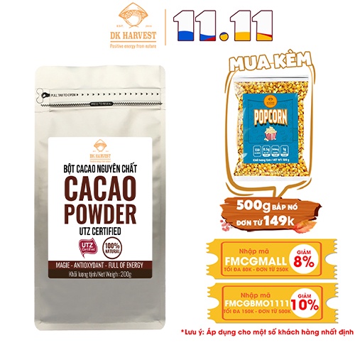 [Mã FMCGMALL -8% đơn 250K] Bột Cacao Nguyên Chất DK Harvest - Túi 100g, 200g, 500g - Đồ Uống Cao Cấp, không pha trộn