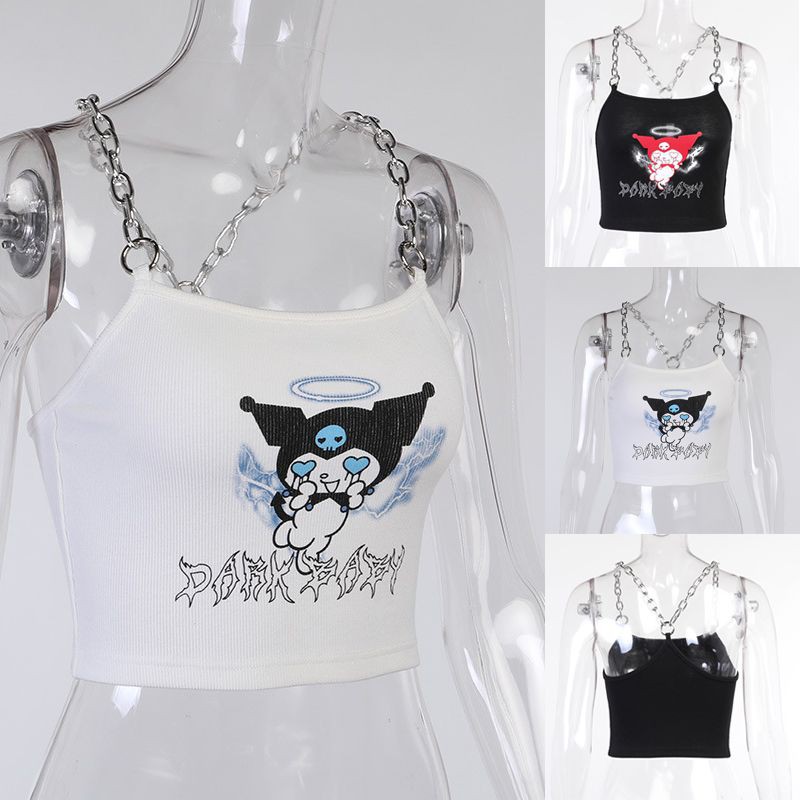 Áo hai dây hở lưng phối dây chuỗi xích không tay in hình Anime Kuromi cho nữ