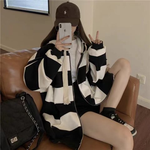 Áo Hoodie Dáng Rộng Họa Tiết Kẻ Sọc Thời Trang Mùa Thu Hàn Quốc Mới Cho Nữ