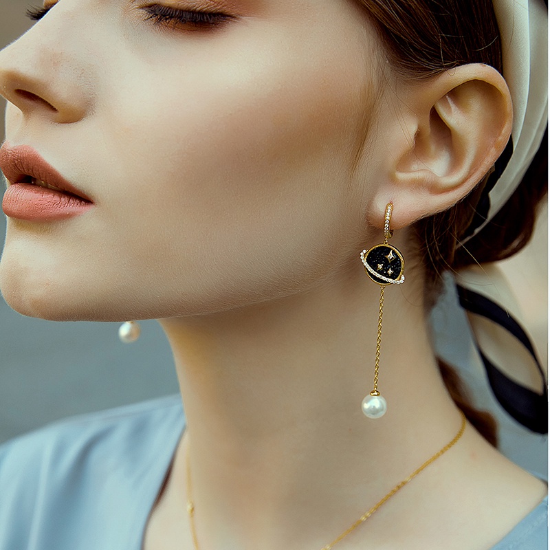 Dây chuyền/ Đôi khuyên tai BAMOER bạc 925 đính đá sa thạch xanh dương đậm và ngọc trai nhân tạo thời trang