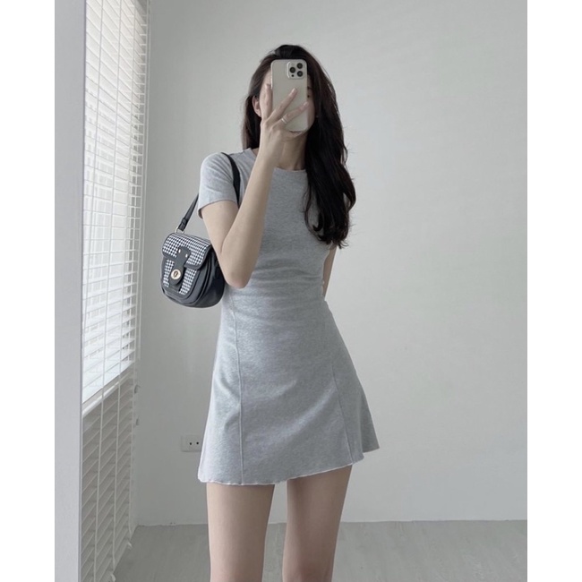 Váy thun trơn body cổ tròn cộc tay co giãn xoè dưới nhẹ nhàng nhiều màu