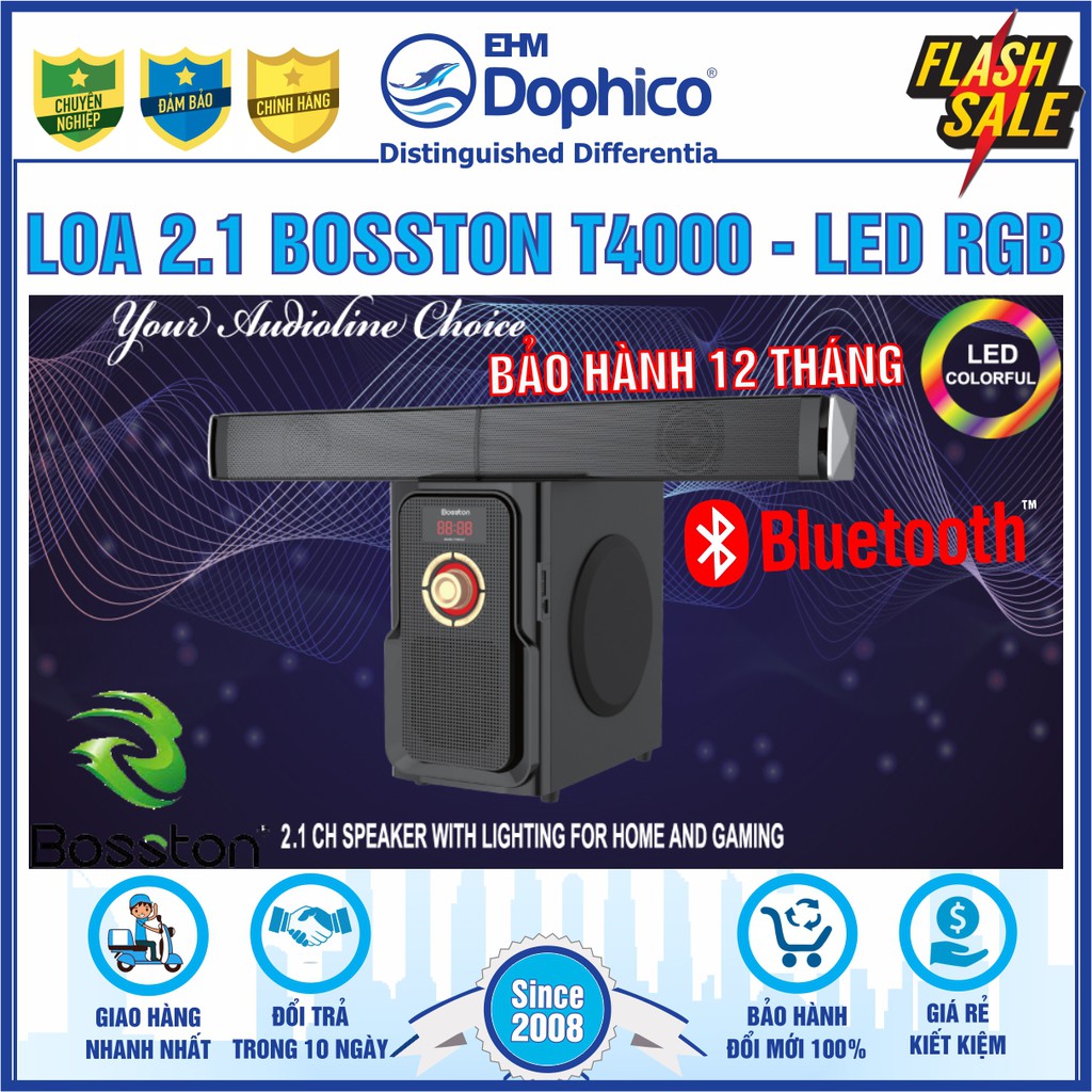 Loa vi tính 2.1 Bosston T4000 – Bluetooth –  Led RGB – Chính Hãng – Tích hợp USB, Thẻ nhớ, FM công suất 60W