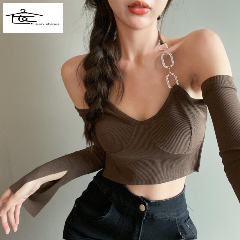 Hàng Có Sẵn Bán Chạy~Áo Thun Tay Dài Lưng Cao Hở Vai Thiết Kế Sang Trọng Dễ Phối Đồ