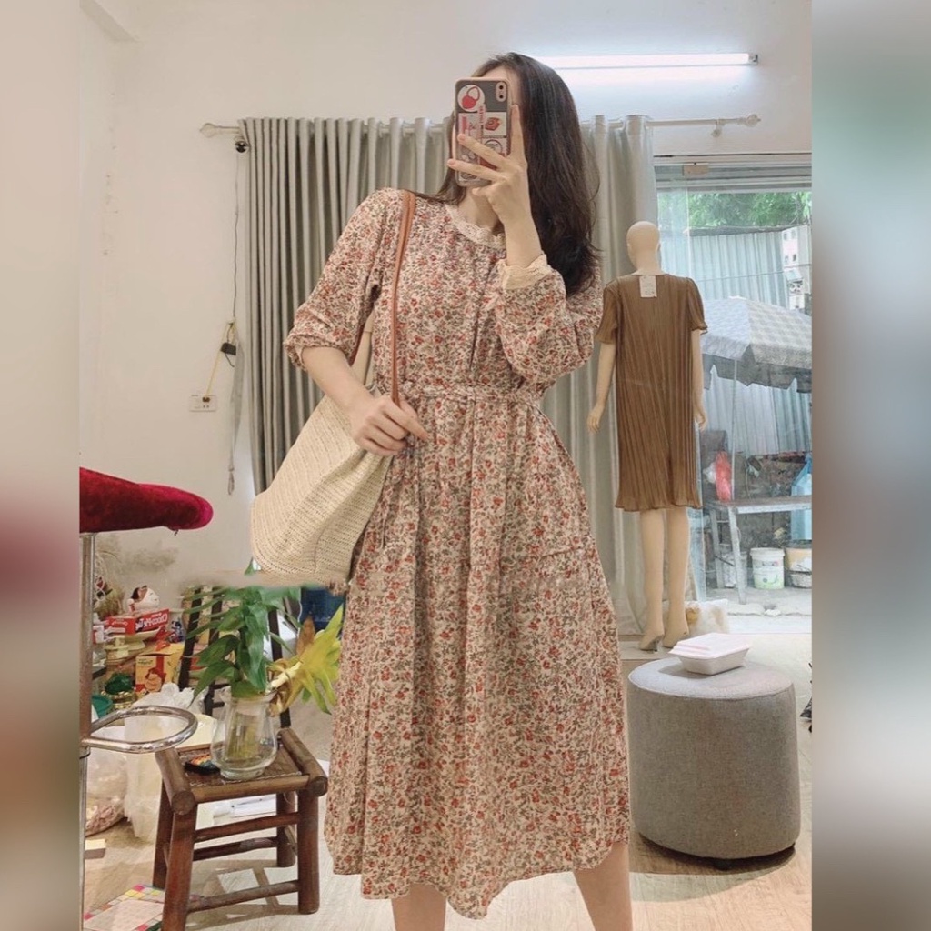 Váy Bầu Hoa Nhí Cổ Ren Kèm Đai Thắt HD4805 Honey Mommy