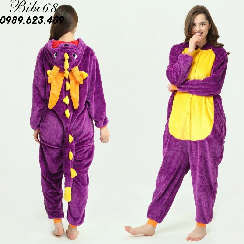 Bộ Đồ hình thú rồng tím liền thân lông mịn Pijama dành Cho Người Lớn và Trẻ Em Hoạt Hình Cosplay