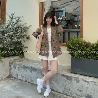 ÁO BLAZER 2 LỚP KẺ NÂU CHOCO (ảnh thật/sẵn)