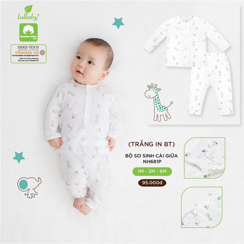 Bộ cài giữa dài tay sơ sinh cotton Lullaby [NH605P-NH606P] (Sz 1-6m)