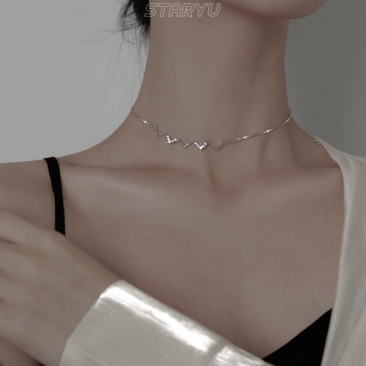 Vòng cổ Choker Bạc 925 Mặt Hình Nhịp Tim Đính Đá Zircon Thanh Lịch Cho Nữ
