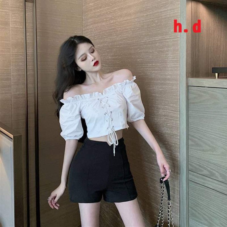 [RẺ VÔ ĐỊCH] áo croptop trễ vãi nữ, áo croptop kiểu oze tay bồng có dây nơ tiểu thư cá tính, áo hai màu basic dễ phối đồ