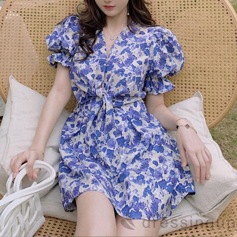 Đầm Nữ Tay Phồng Cổ Chữ V Họa Tiết Hoa Phong Cách Vintage | BigBuy360 - bigbuy360.vn