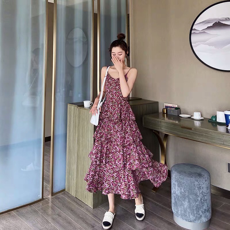 (ORDER- Sẵn XL) Váy hai dây hoa nhí màu tím retro xòe 4 tầng điệu  đà vintage mùa hè Hàn Quốc thoáng mát (MẪU MỚI 2020)
