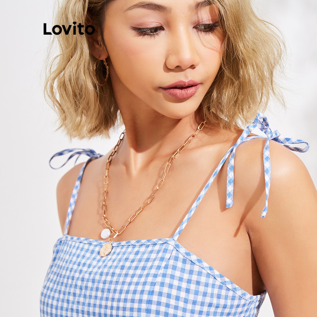 Đầm hai dây mỏng Lovito viền ren phối dây thắt họa tiết caro phong cách vintage L16D035
