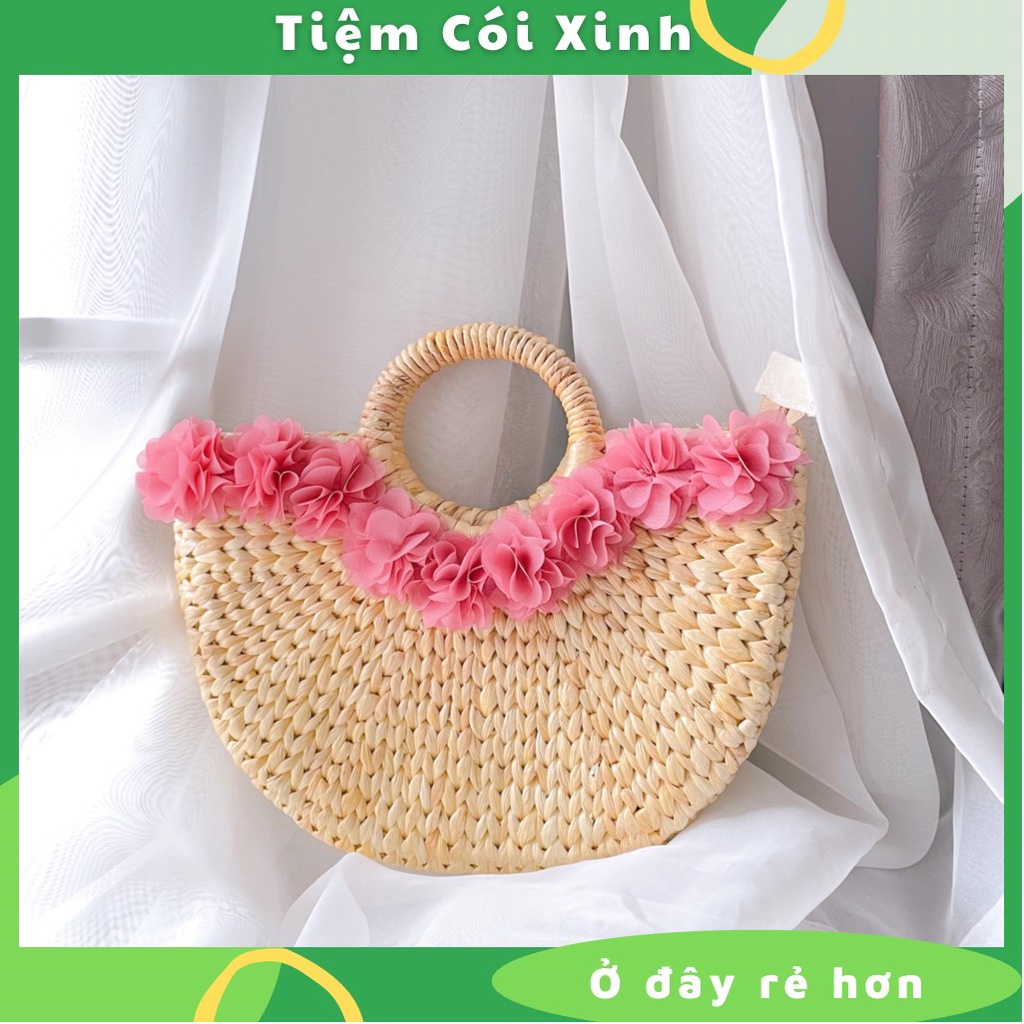 Túi Xách Cói Đi Biển Bán Nguyệt Giỏ Lục Bình Trang Trí Hoa Hồng Size 30cm TIỆM CÓI XINH