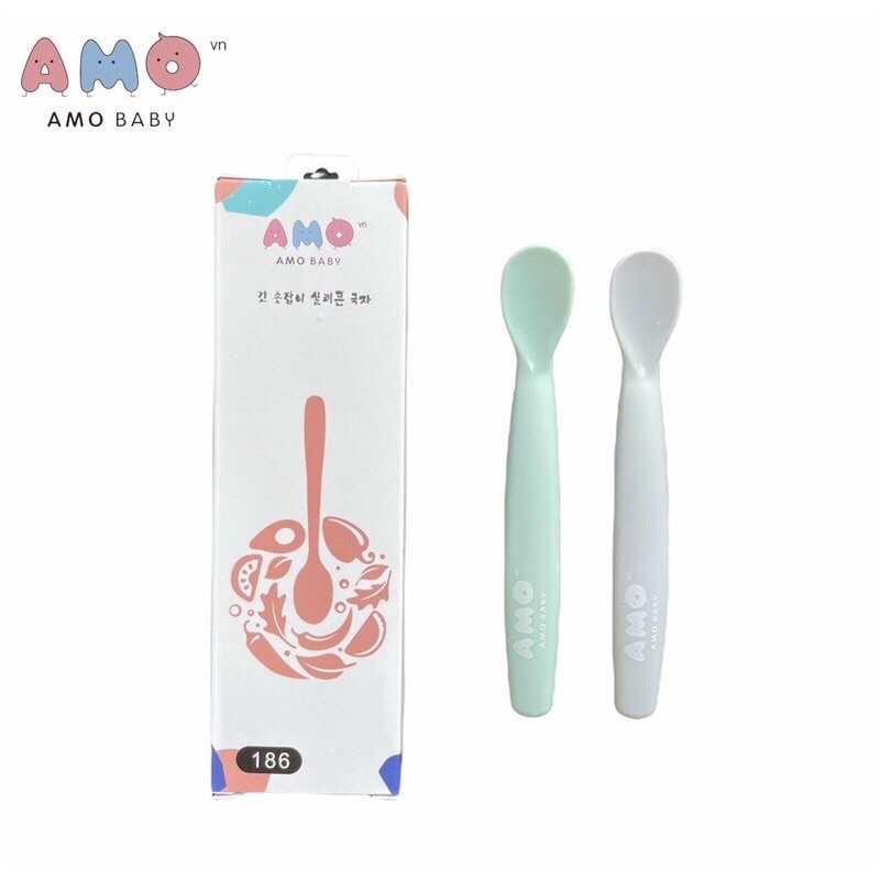 Set thìa ăn dặm silicon kèm hộp đựng cho bé ăn dặm Amo Baby