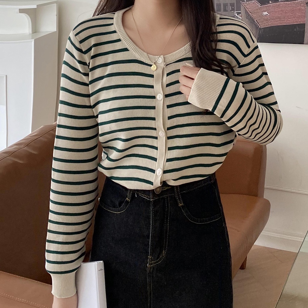Áo khoác cardigan dệt kim mỏng dáng rộng kẻ sọc phong cách Hàn Quốc