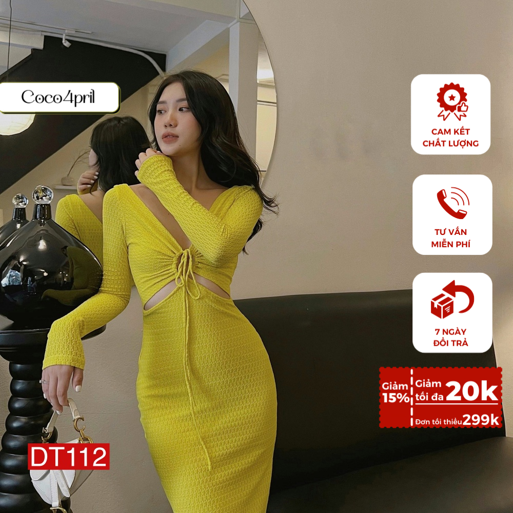 Đầm ôm body sexy tay dài dáng midi khoét eo thắt dây dự tiệc sang chảnh DT112