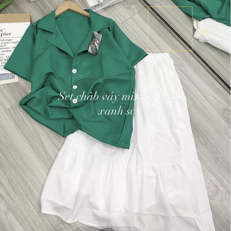 Set áo vest blazer mix chân váy chữ A màu trắng dáng dài phong cách công sở Hàn Quốc trẻ trung Lịch sự | WebRaoVat - webraovat.net.vn