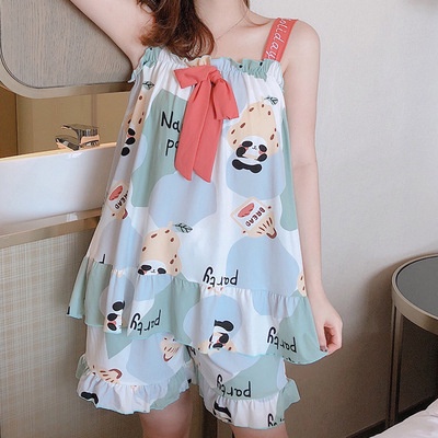 Đồ bộ nữ mặc nhà dễ thương 2 dây thun sữa mặc nhà mềm mát kèm nơ trước ngực