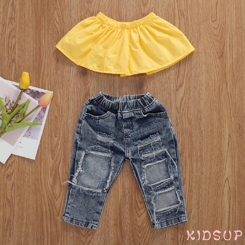 Bộ áo kiểu nhún bèo + quần denim rách thời trang hè cho bé gái