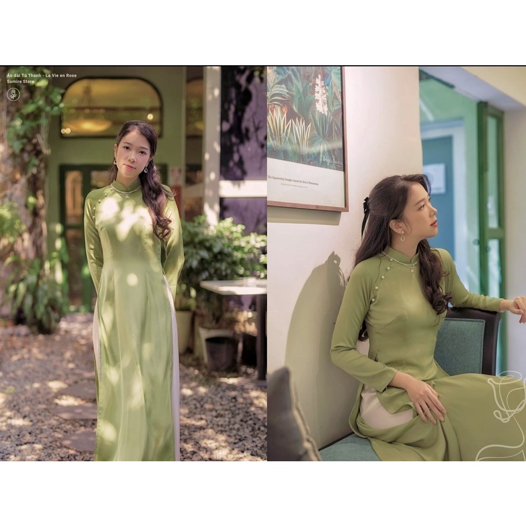 Áo Dài " Tú Thanh ",  Áo Dài Truyền Thống Chất Lụa Ngọc Trai  2 Tà  Đính Cúc Trai Cao Cấp