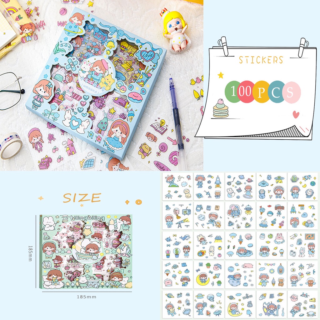 Bộ 100 Miếng Dán PET Chống Thấm Nước Không Gây Tiếng Ồn Họa Tiết Nhân Vật Hoạt Hình Dễ Thương Trang Trí Sổ Tay DIY
