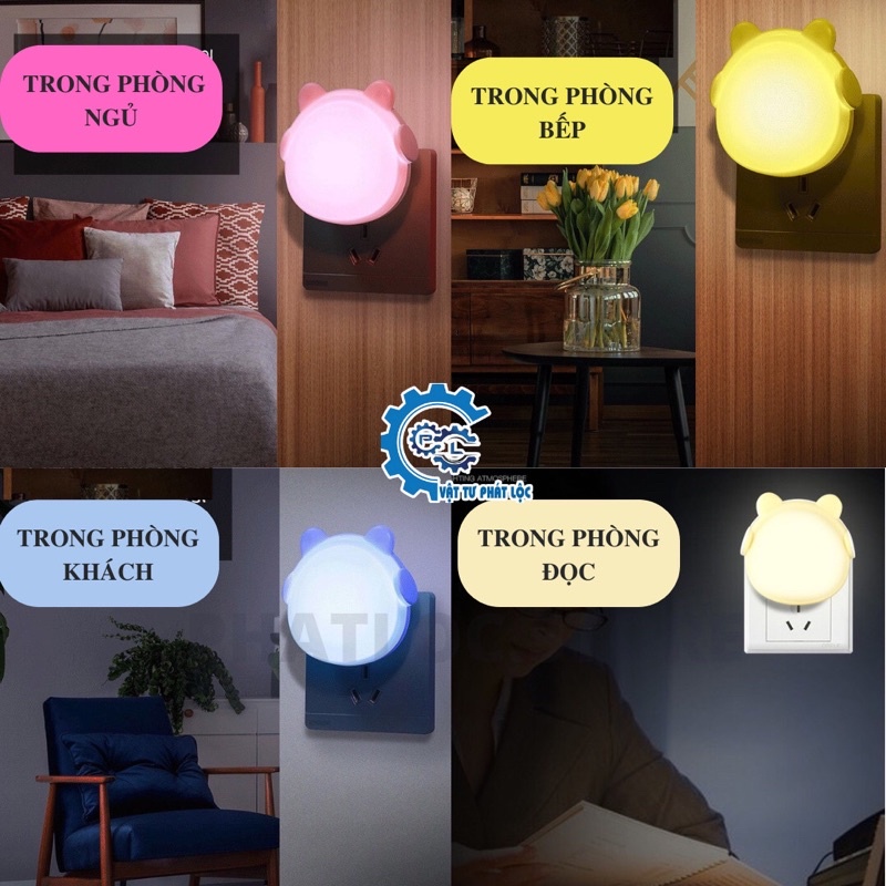 Đèn Ngủ, Đèn Led Thông Minh Cảm Biến Ánh Sáng Hình Gấu Đeo Tai Nghe Có Remote Điều Khiển