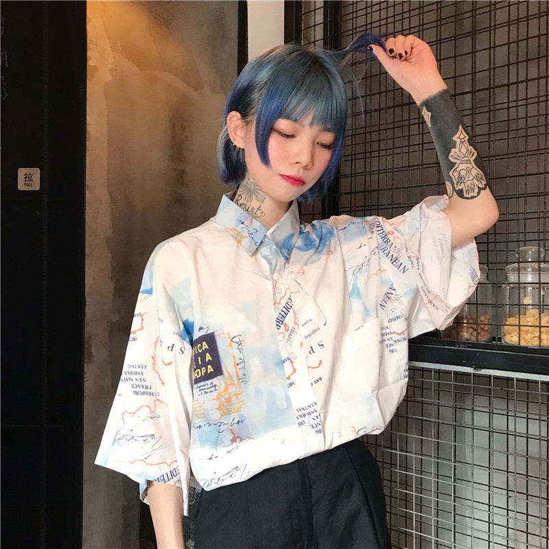 【ZHELIHANGFEI】 Áo Sơ Mi Dáng Rộng In Bản Định Hướng Phong Cách Harajuku Hip Hop Đường Phố Mùa Hè Cho Nam Và Nữ