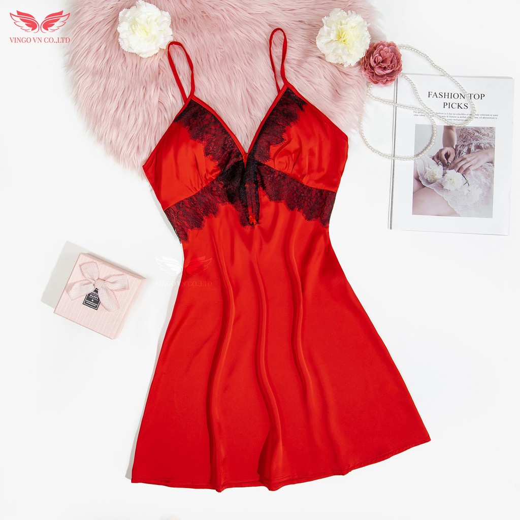 VINGO Váy Ngủ Nữ Lụa Pháp Đỏ Đậm Phối Viền Ren Đen Đính Nơ Đen Trẻ Trung Cao Cấp N269DD VNGO | BigBuy360 - bigbuy360.vn