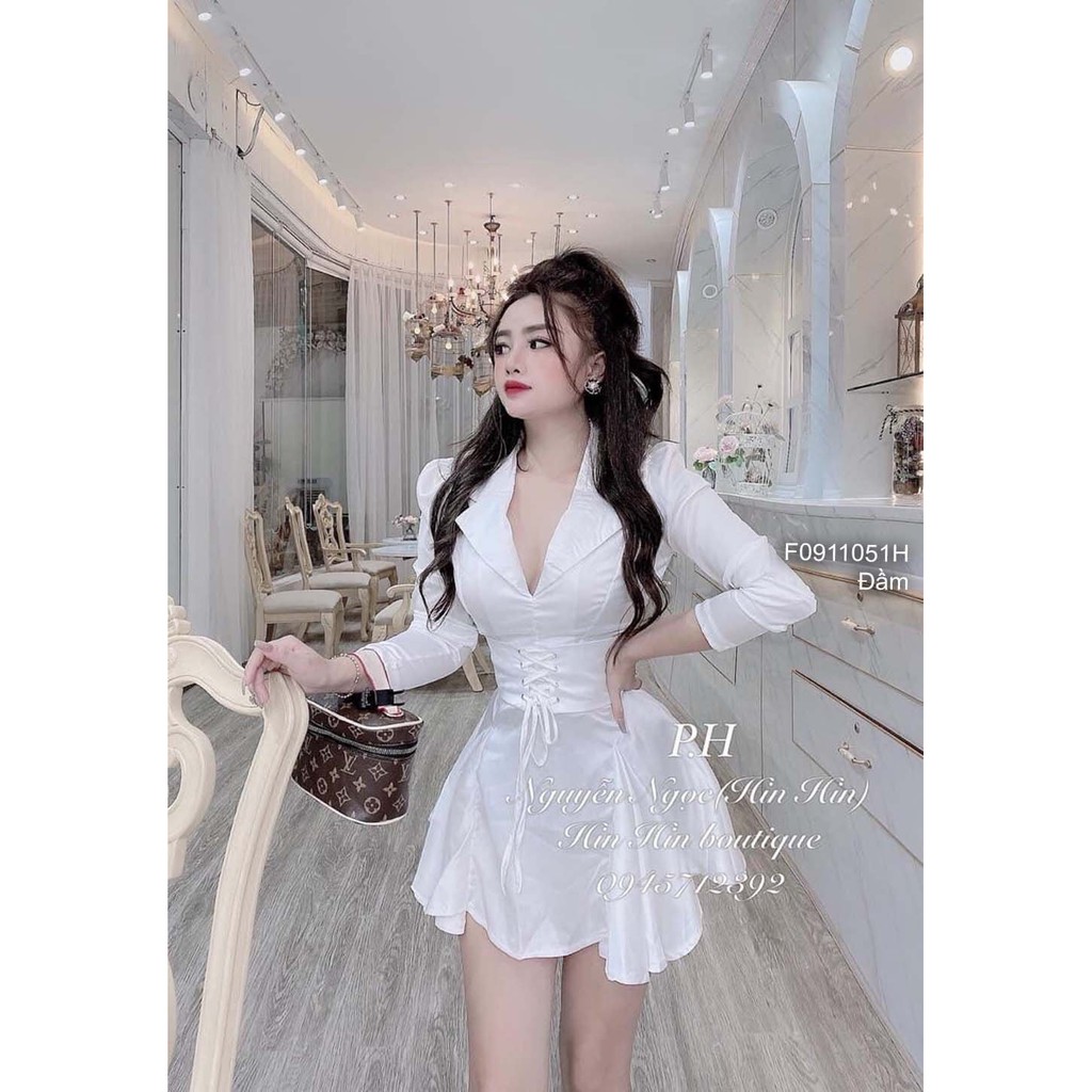 Đầm lụa cổ vest đan dây eo tay dài!