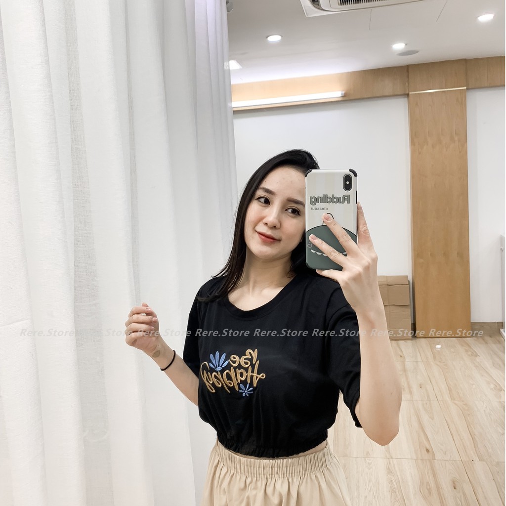 Áo Croptop Cộc Tay Chun Eo BE HAPPY Nữ - Rere.Store [FREESHIP] - Thun hở bụng dáng ôm màu đen basic họa tiết dễ thương