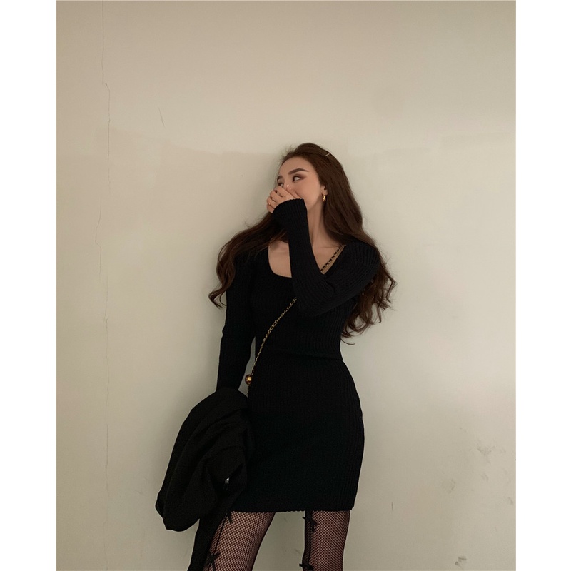 DUNEA Đầm Dệt Kim Tay Dài Cổ Vuông Thời Trang Xinh Xắn Cho Nữ