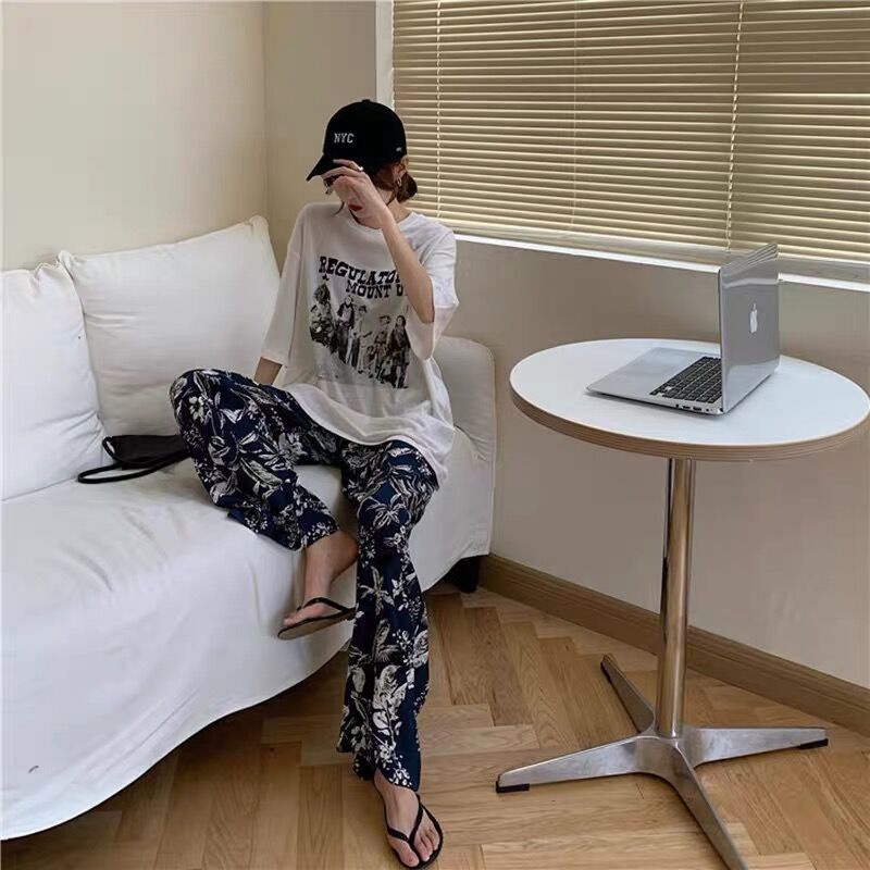 Quần dài lưng cao ống rộng họa tiết hoa thời trang mùa hè mát mẻ thoải mái